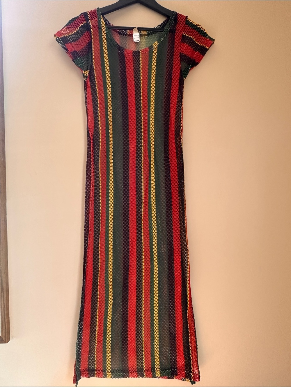 Striped Sheer Swim Coverup Dress in Red, Green & Yellow